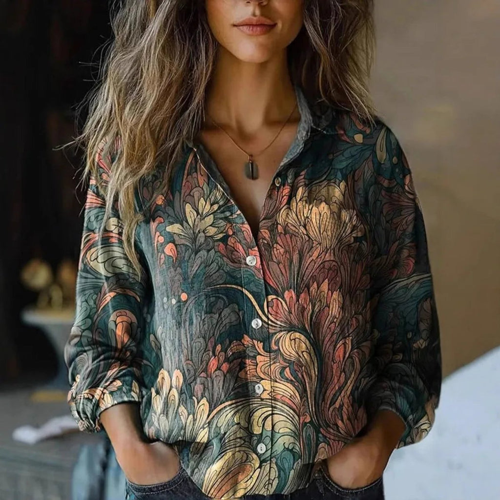 Women's Boho Floral Long-Sleeve Button-Front Blouse - Dark Green