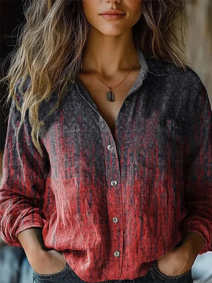 Women's Boho Floral Long-Sleeve Button-Front Blouse - Red-Dark Grey