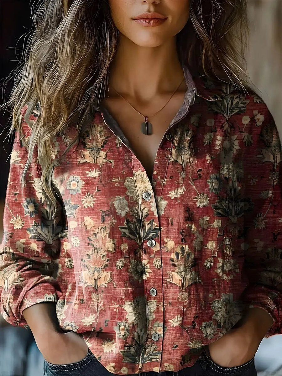 Women's Boho Floral Long-Sleeve Button-Front Blouse