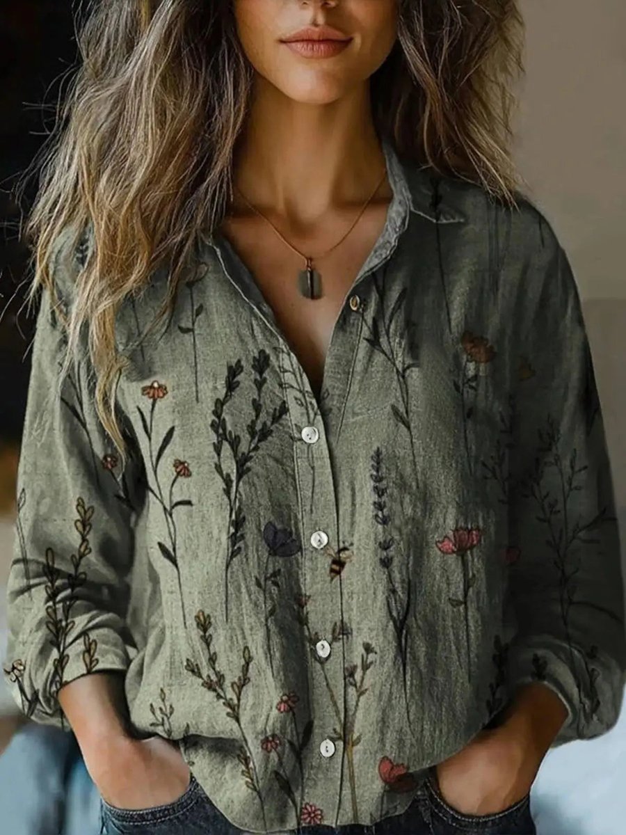 Women's Boho Floral Long-Sleeve Button-Front Blouse - Olive Green