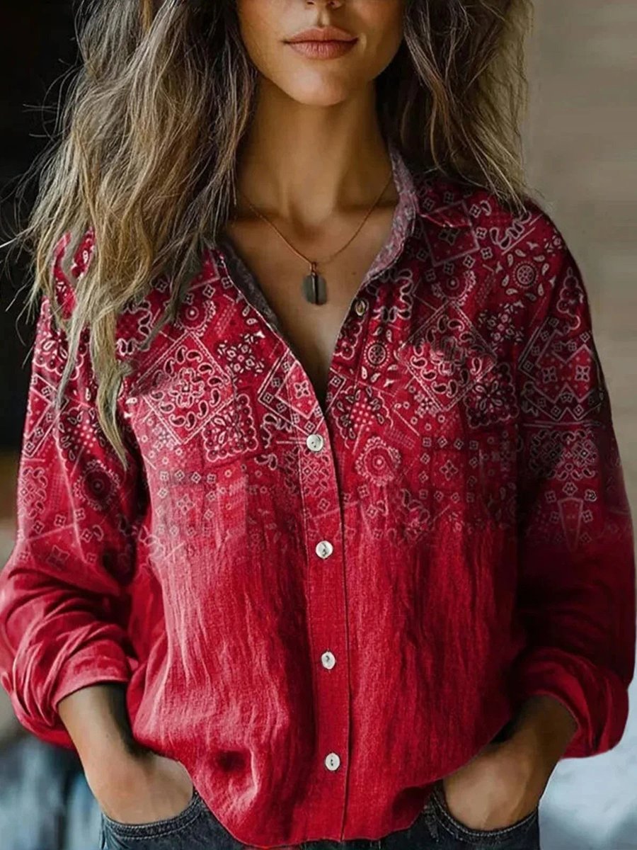 Women's Boho Floral Long-Sleeve Button-Front Blouse - Deep Red
