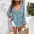 Women's Boho Floral V-Neck Tassel Drawstring Tunic Top - Blue