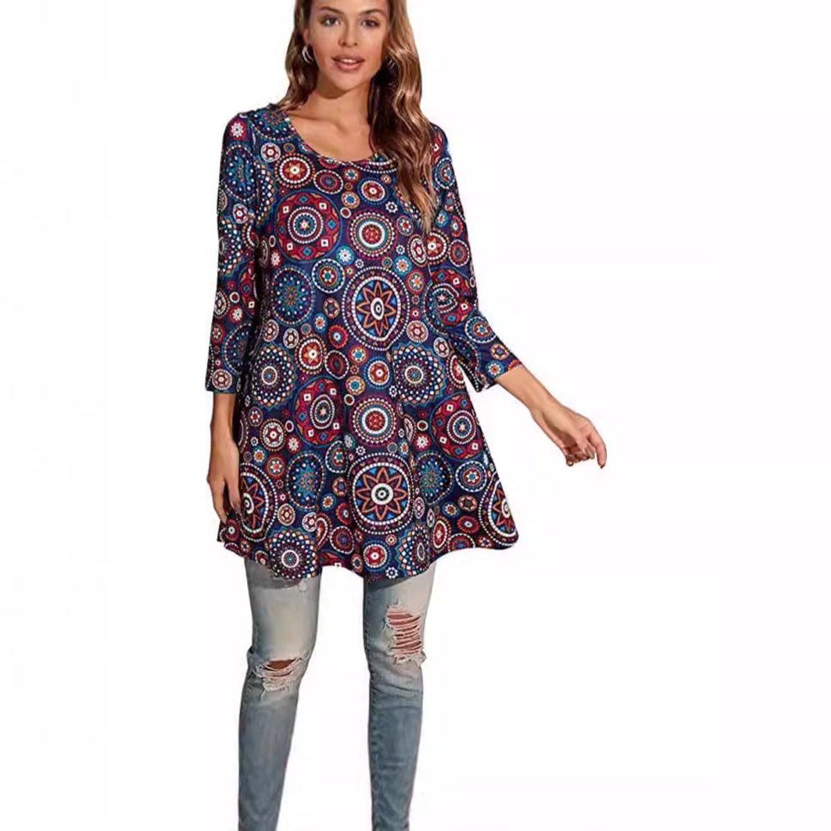 Women's Boho Mandala-Print 3/4 Sleeve Swing Tunic