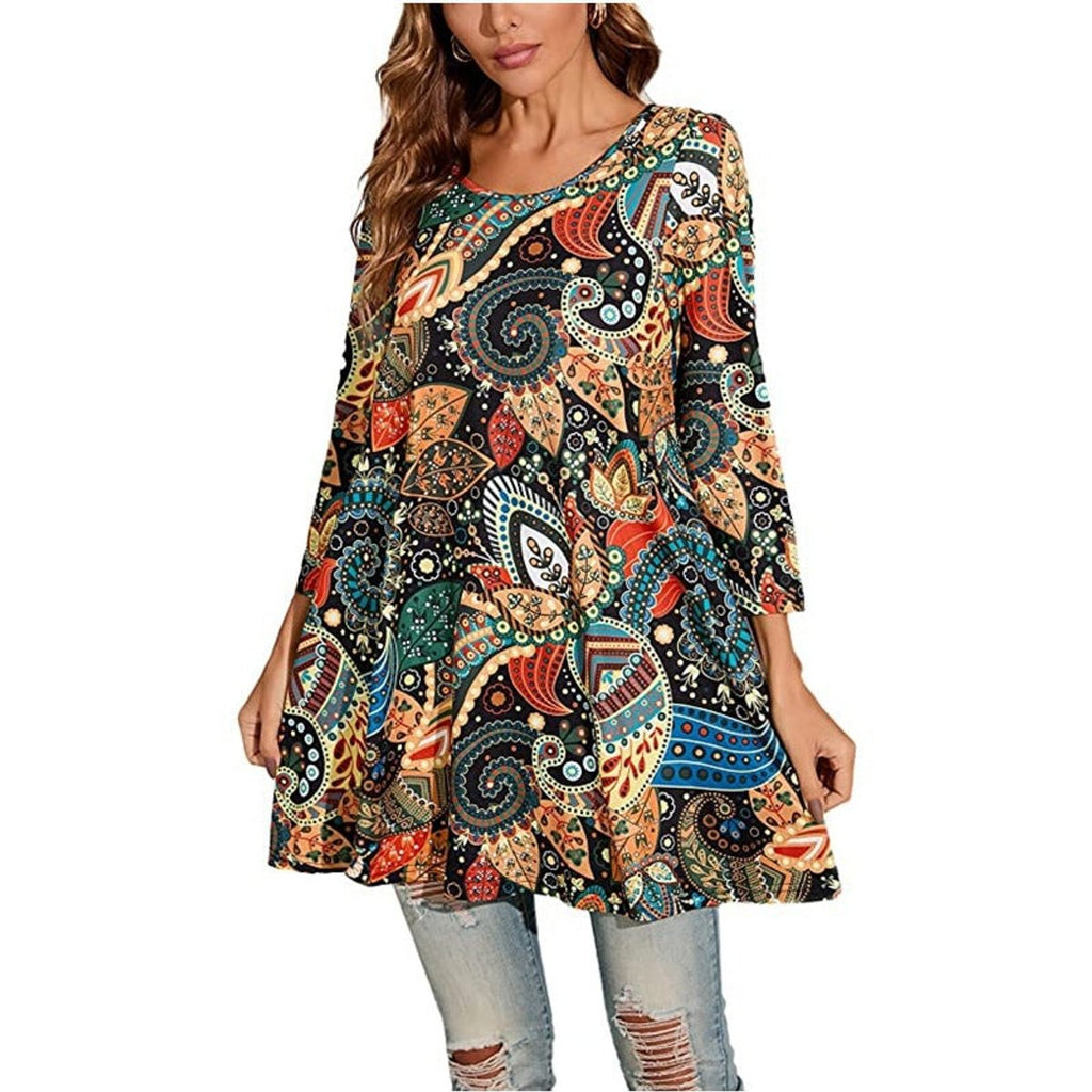Women's Boho Mandala-Print 3/4 Sleeve Swing Tunic - A5