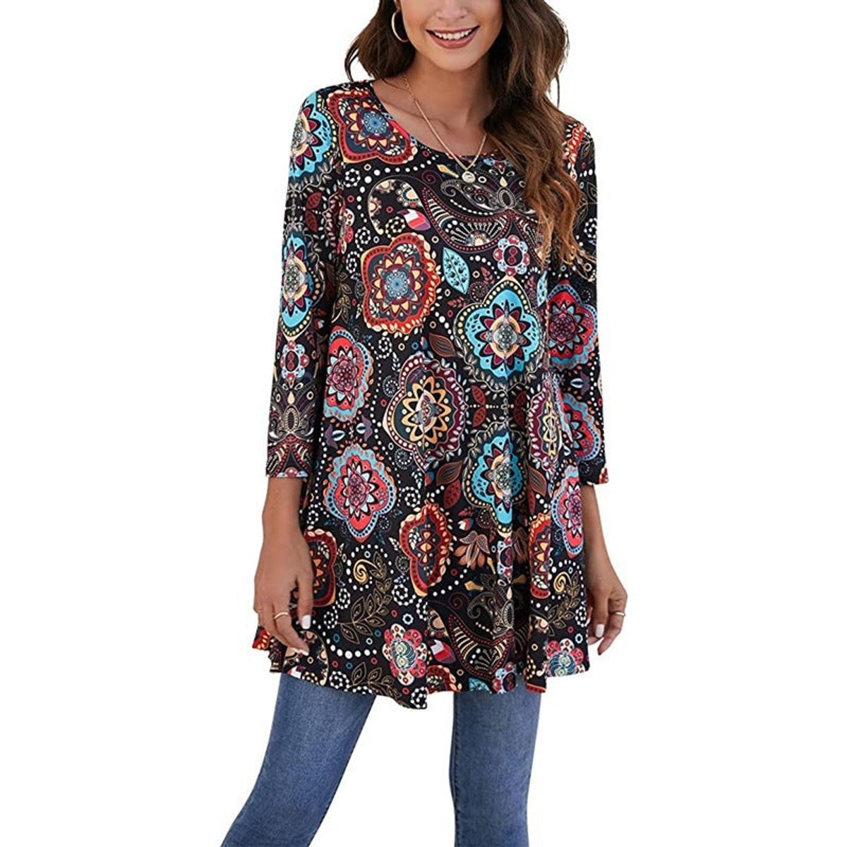 Women's Boho Mandala-Print 3/4 Sleeve Swing Tunic - A2