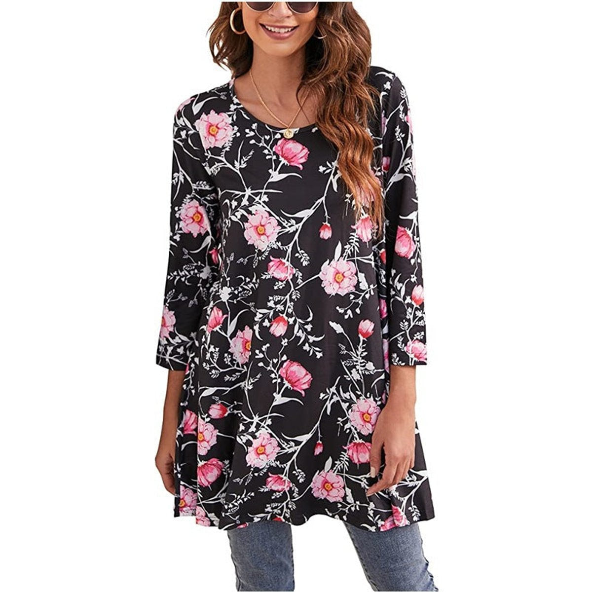 Women's Boho Mandala-Print 3/4 Sleeve Swing Tunic - A4