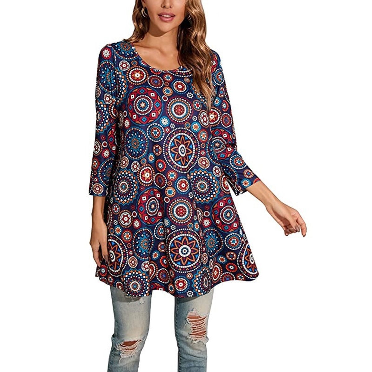 Women's Boho Mandala-Print 3/4 Sleeve Swing Tunic - 11