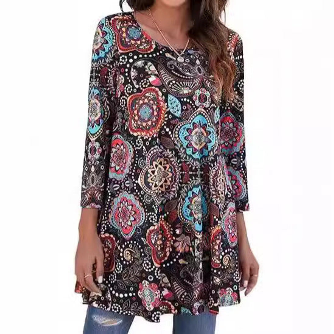 Women's Boho Mandala-Print 3/4 Sleeve Swing Tunic