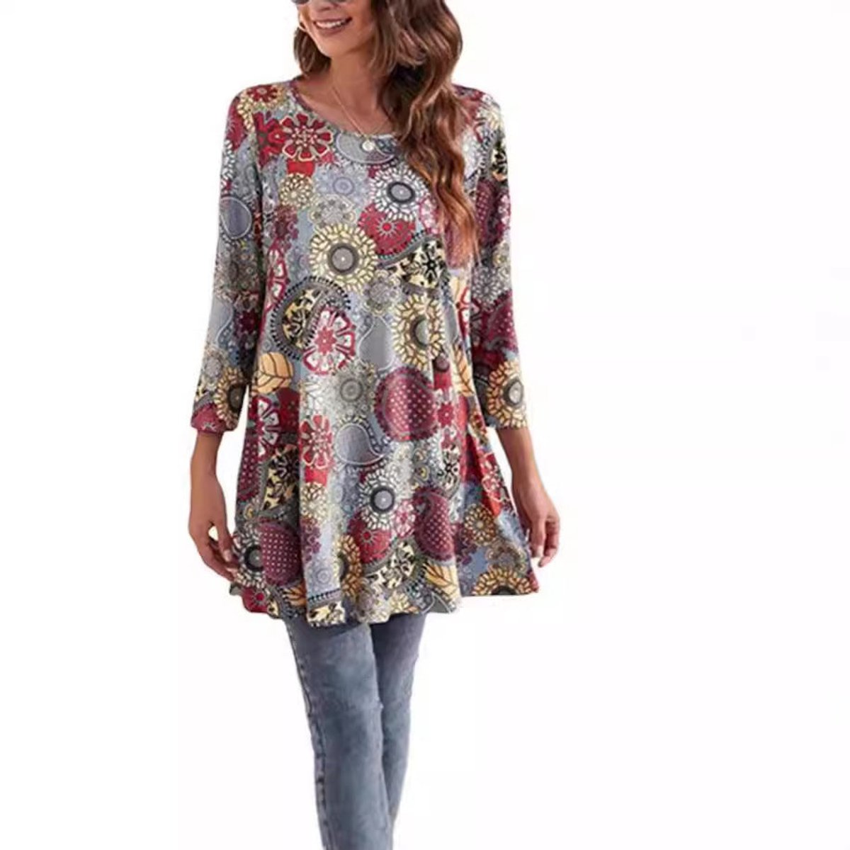 Women's Boho Mandala-Print 3/4 Sleeve Swing Tunic
