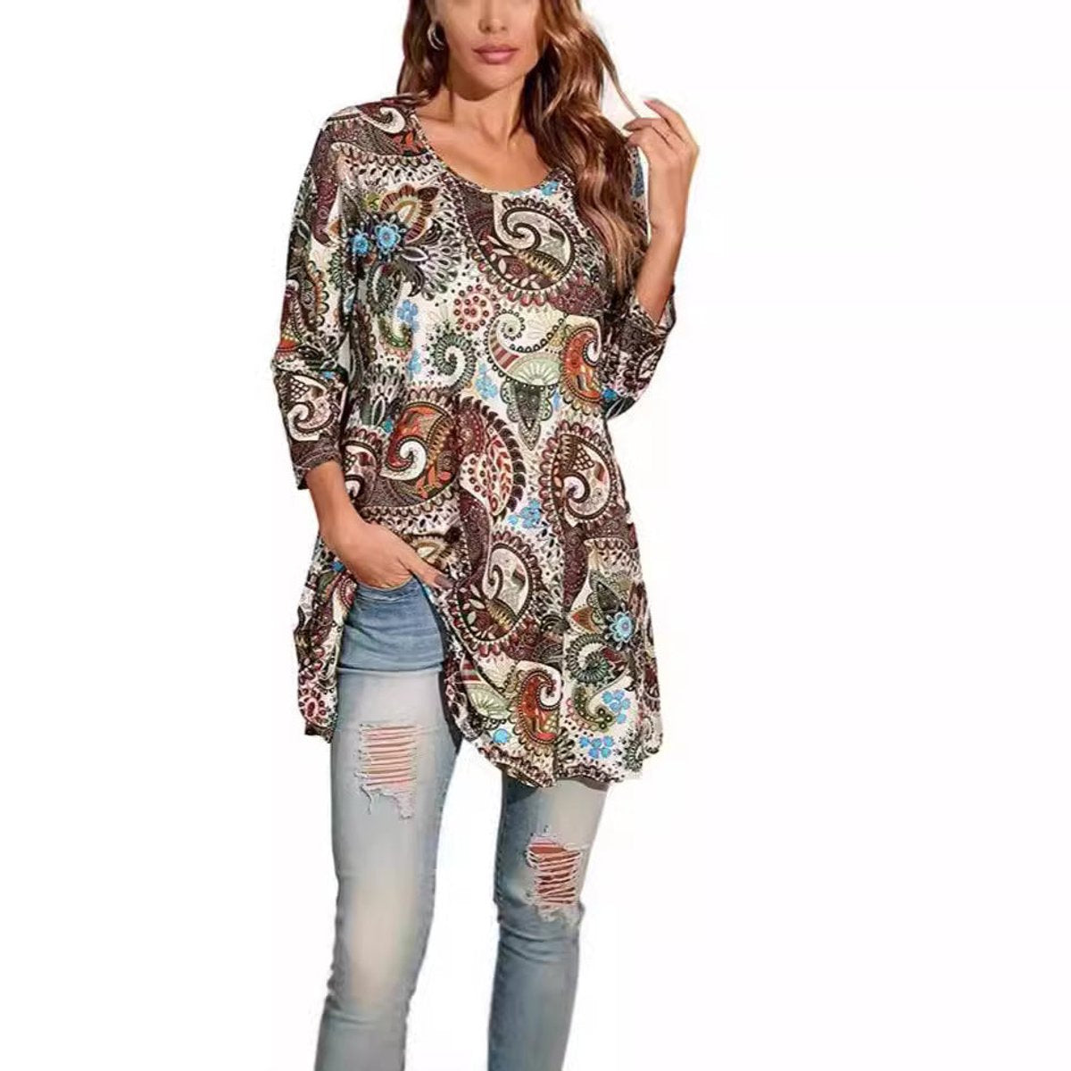 Women's Boho Mandala-Print 3/4 Sleeve Swing Tunic