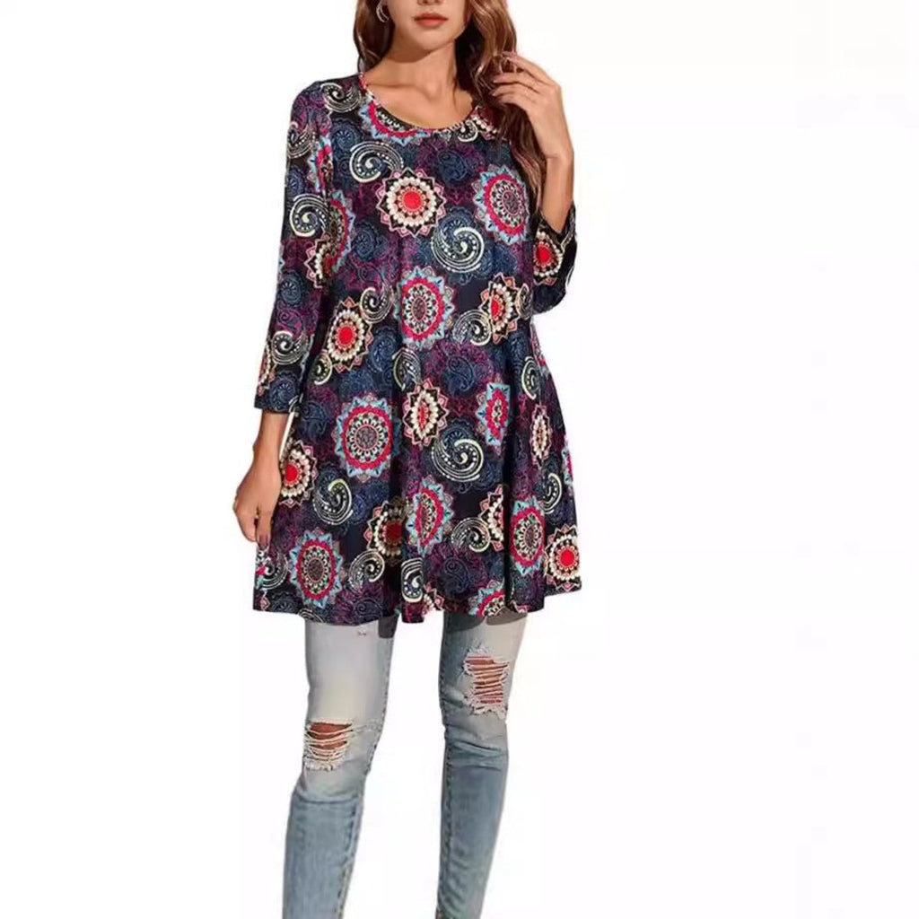 Women's Boho Mandala-Print 3/4 Sleeve Swing Tunic
