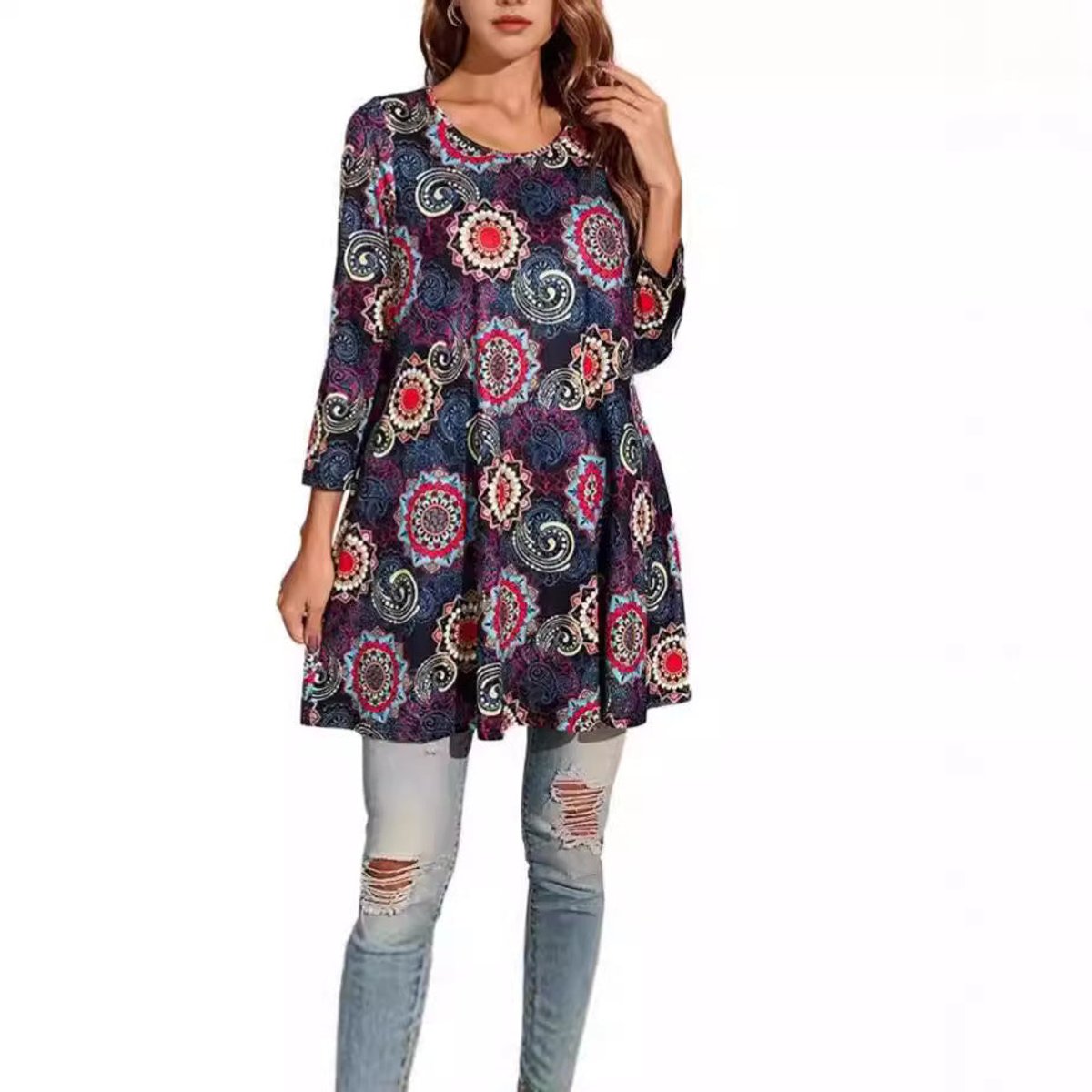 Women's Boho Mandala-Print 3/4 Sleeve Swing Tunic