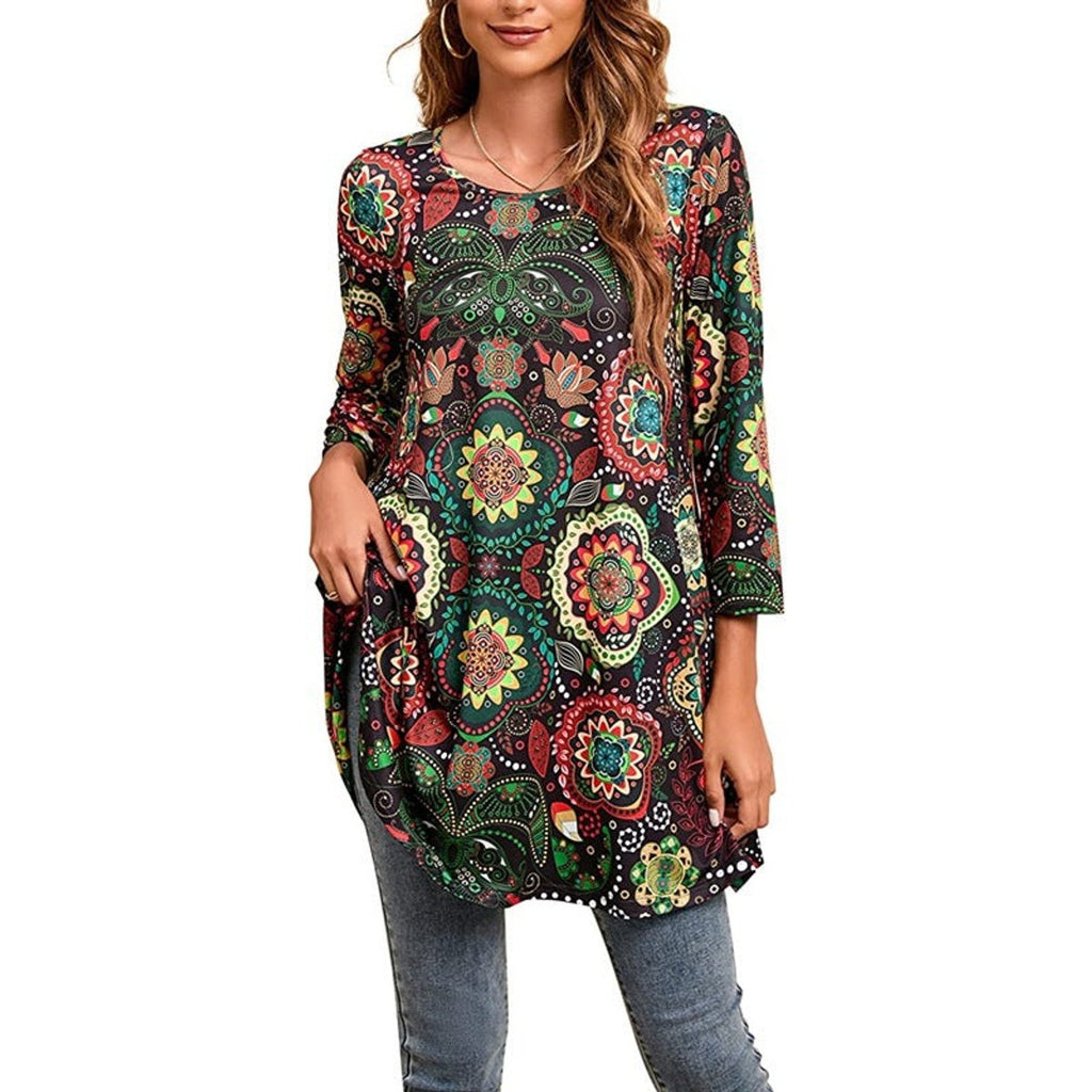 Women's Boho Mandala-Print 3/4 Sleeve Swing Tunic - A16