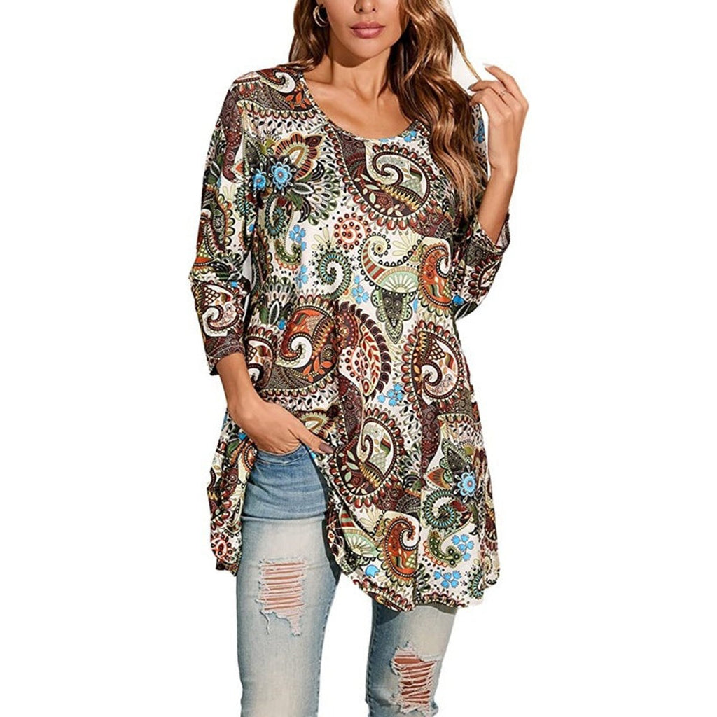 Women's Boho Mandala-Print 3/4 Sleeve Swing Tunic - A1