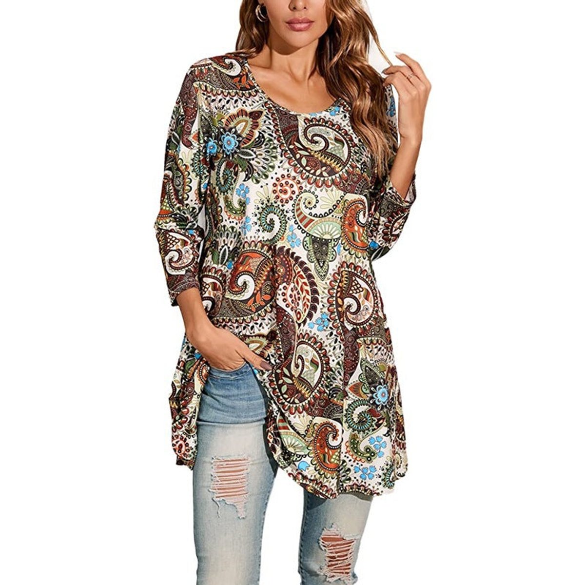 Women's Boho Mandala-Print 3/4 Sleeve Swing Tunic - A1