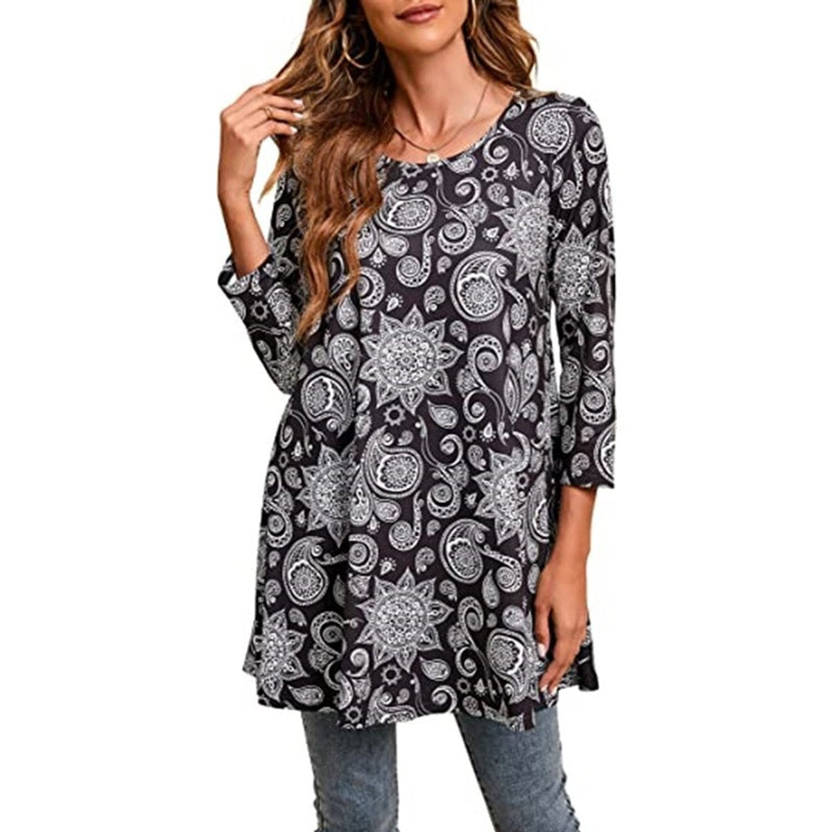 Women's Boho Mandala-Print 3/4 Sleeve Swing Tunic - A14