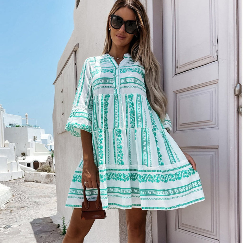 Women's Boho Printed Tiered Tunic Mini Dress