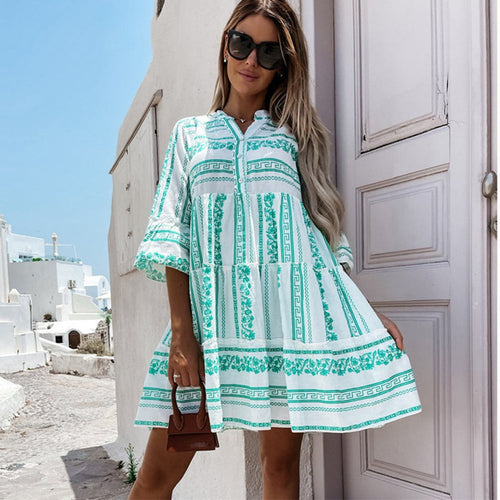 Women's Boho Printed Tiered Tunic Mini Dress