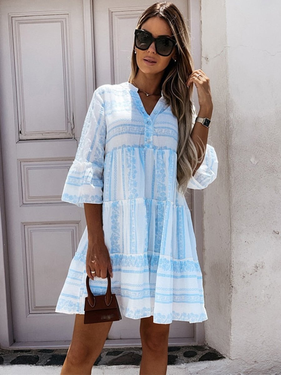 Women's Boho Printed Tiered Tunic Mini Dress