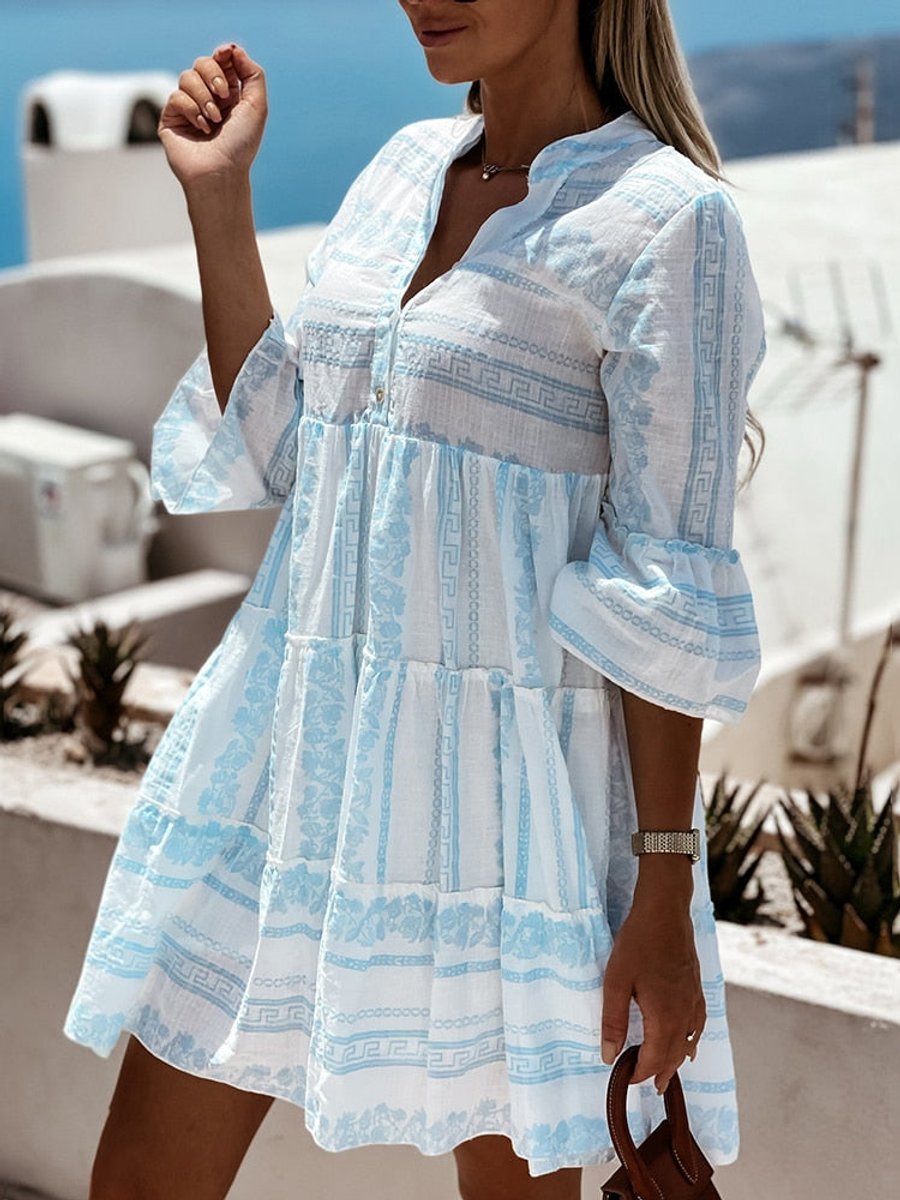 Women's Boho Printed Tiered Tunic Mini Dress