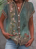 Women's Boho V-Neck Short-Sleeve Floral Button-Down Blouse - Green