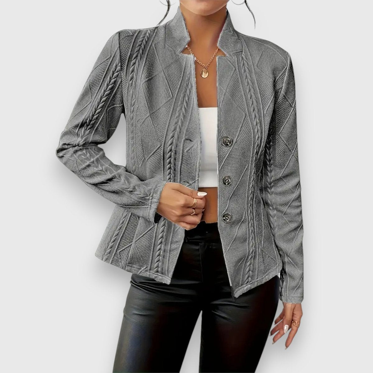 Women's Cable-Knit Textured Mock-Neck Long-Sleeve Sweater Top - Gray