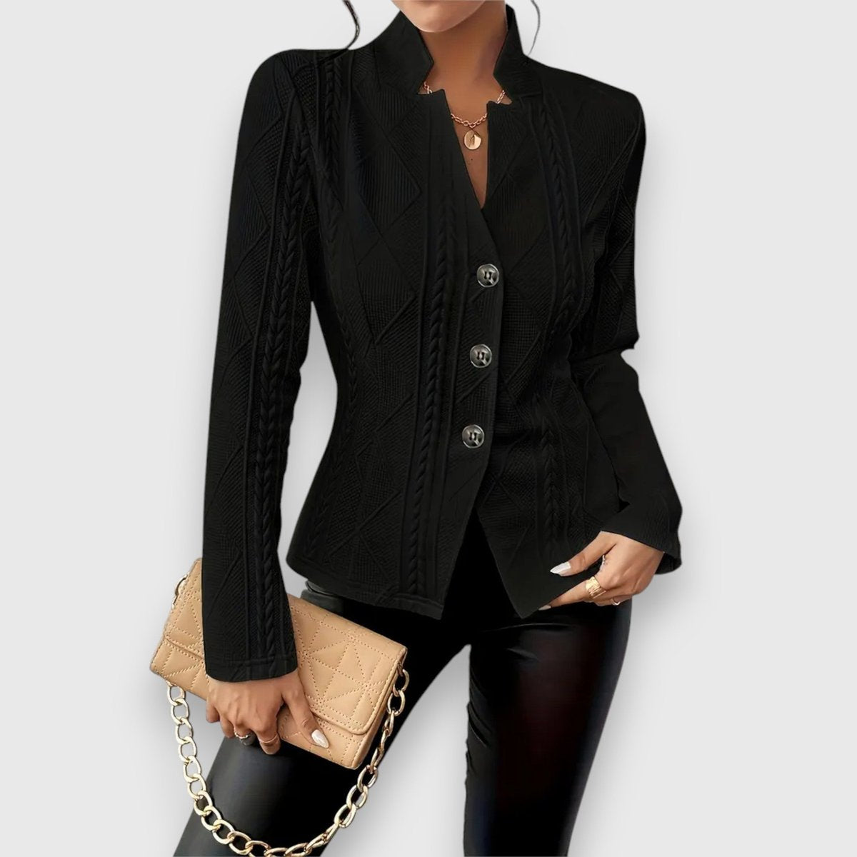 Women's Cable-Knit Textured Mock-Neck Long-Sleeve Sweater Top - Black