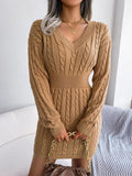 Women's Cable-Knit V-Neck Long Sleeve Formal Dresses Sweater Mini - Khaki