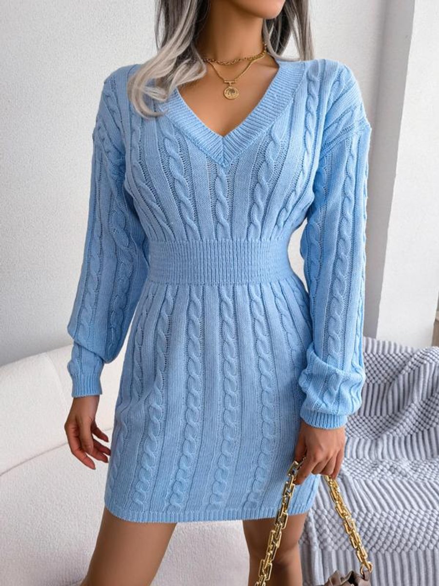 Women's Cable-Knit V-Neck Long Sleeve Formal Dresses Sweater Mini - Blue