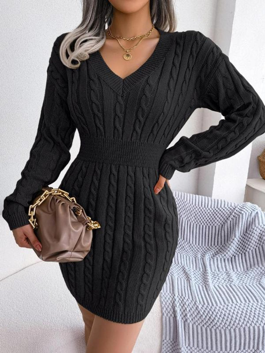 Women's Cable-Knit V-Neck Long Sleeve Formal Dresses Sweater Mini - Black