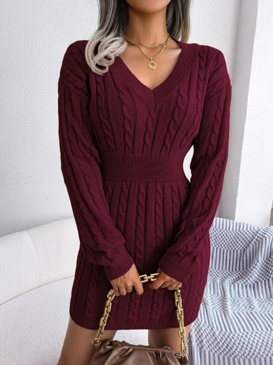 Women's Cable-Knit V-Neck Long Sleeve Formal Dresses Sweater Mini - Burgundy