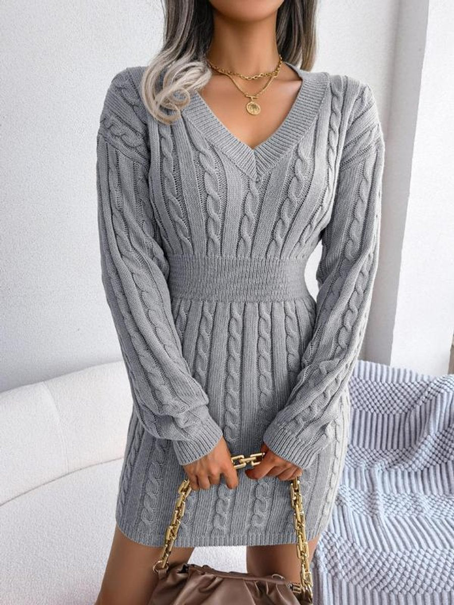 Women's Cable-Knit V-Neck Long Sleeve Formal Dresses Sweater Mini - Gray