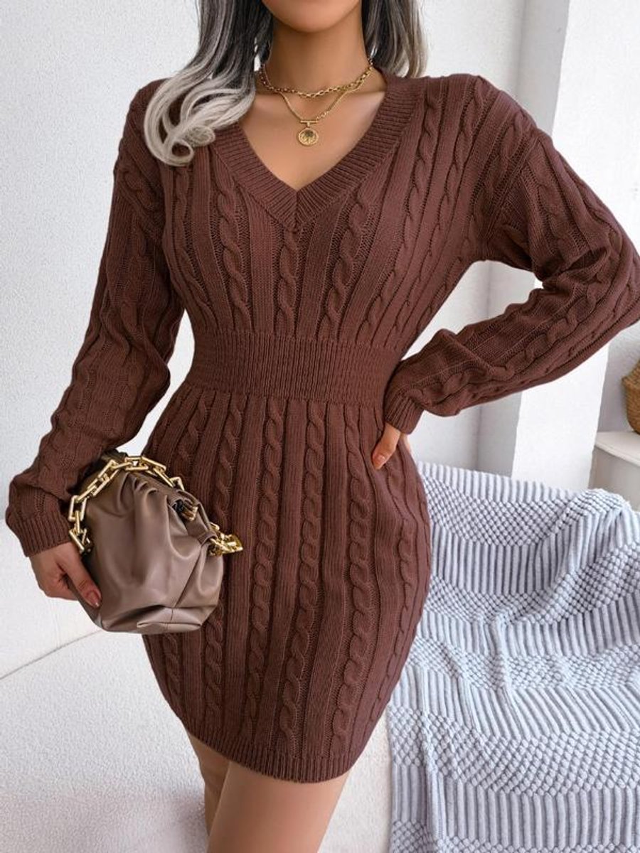 Women's Cable-Knit V-Neck Long Sleeve Formal Dresses Sweater Mini - Coffee Brown