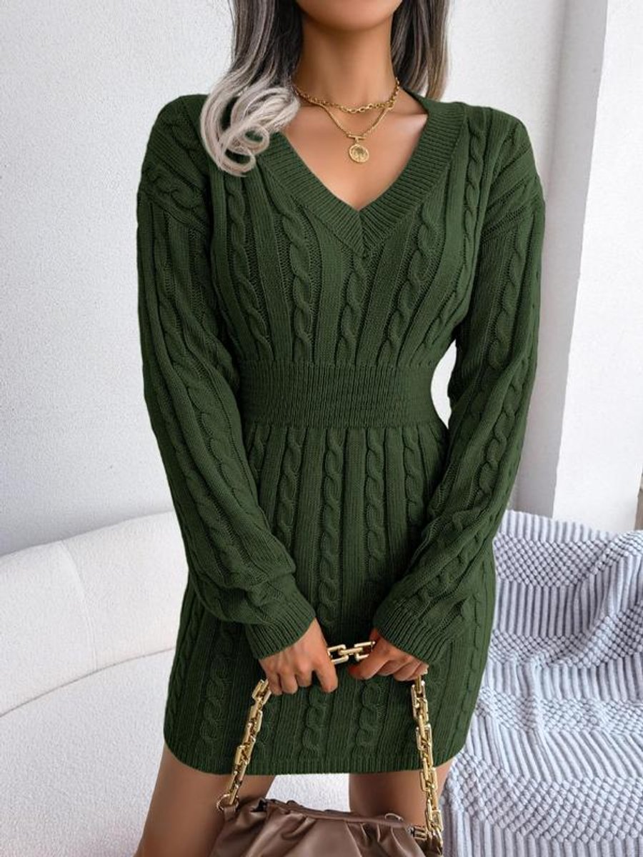 Women's Cable-Knit V-Neck Long Sleeve Formal Dresses Sweater Mini - Army Green