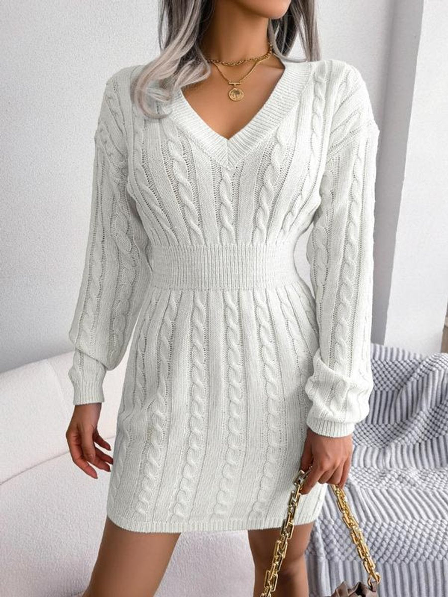 Women's Cable-Knit V-Neck Long Sleeve Formal Dresses Sweater Mini - Off White
