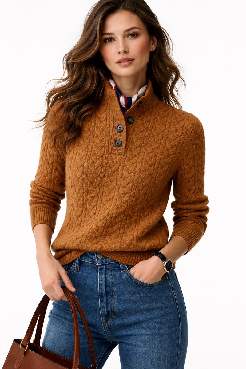 Women's Cable Knit Wool Blend Button-Neck Pullover Sweater - Brown