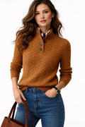 Women's Cable Knit Wool Blend Button-Neck Pullover Sweater - Brown
