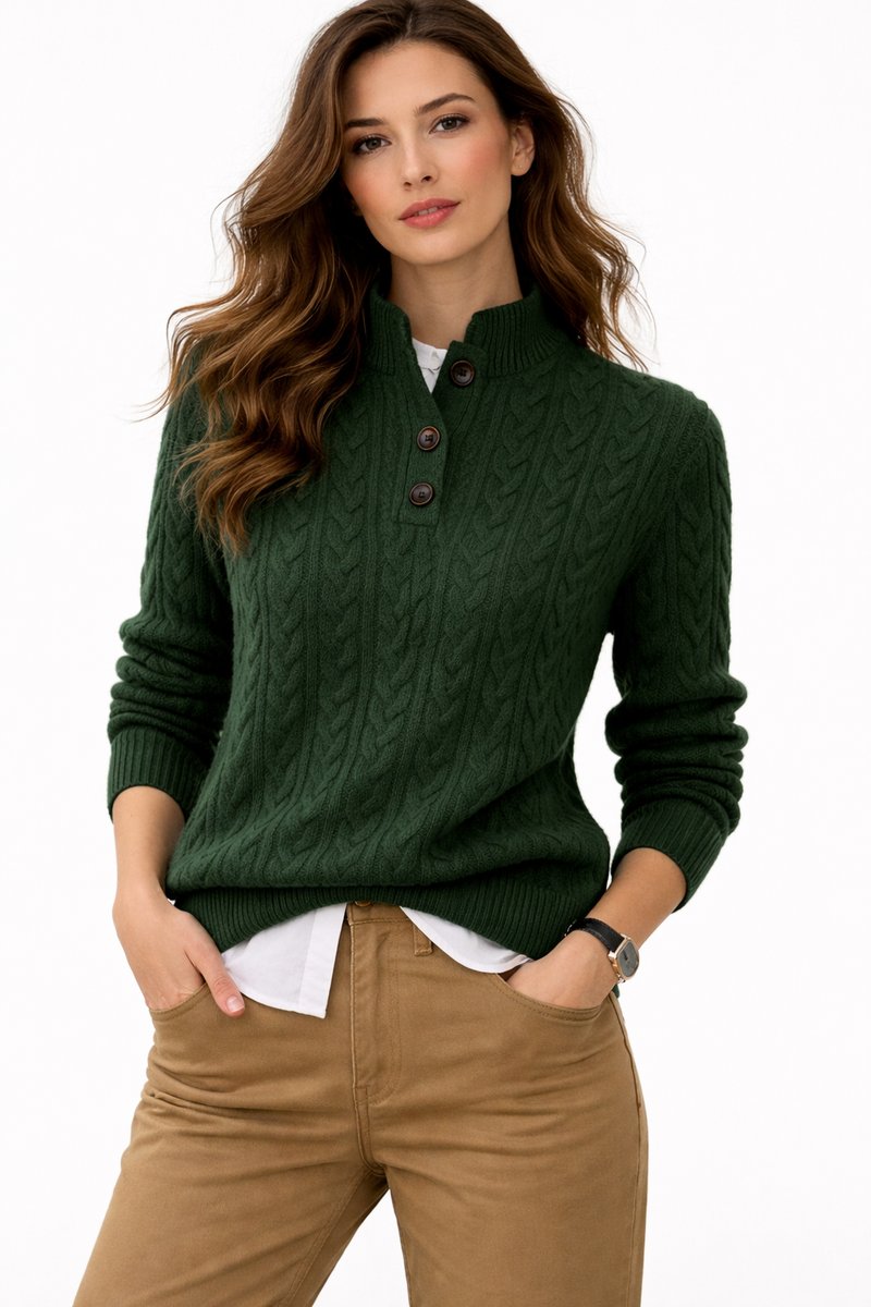 Women's Cable Knit Wool Blend Button-Neck Pullover Sweater - Green