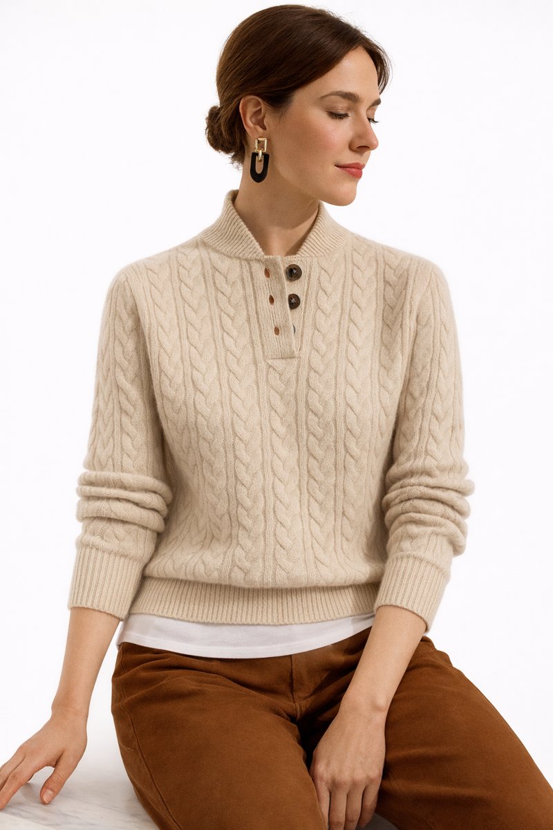 Women's Cable Knit Wool Blend Button-Neck Pullover Sweater - Khaki