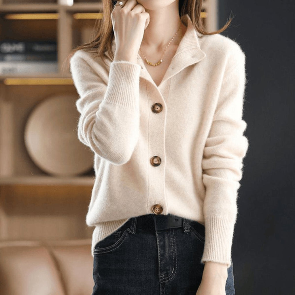 Women's Cashmere Blend Button-Front Mock Neck Cardigan - Beige
