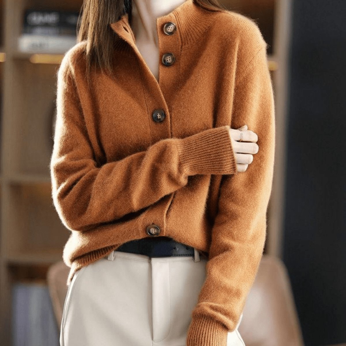 Women's Cashmere Blend Button-Front Mock Neck Cardigan - Orange