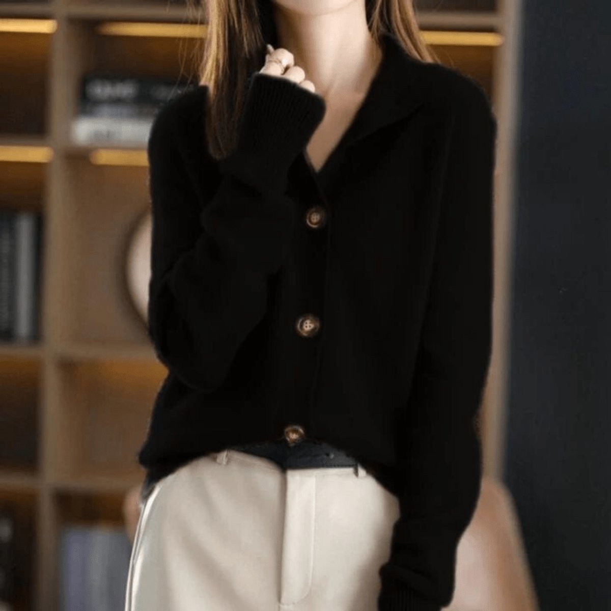 Women's Cashmere Blend Button-Front Mock Neck Cardigan - Black