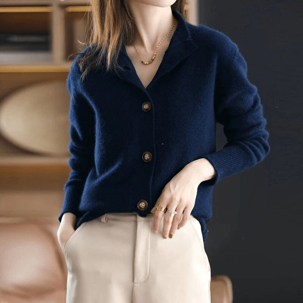 Women's Cashmere Blend Button-Front Mock Neck Cardigan - Dark Blue