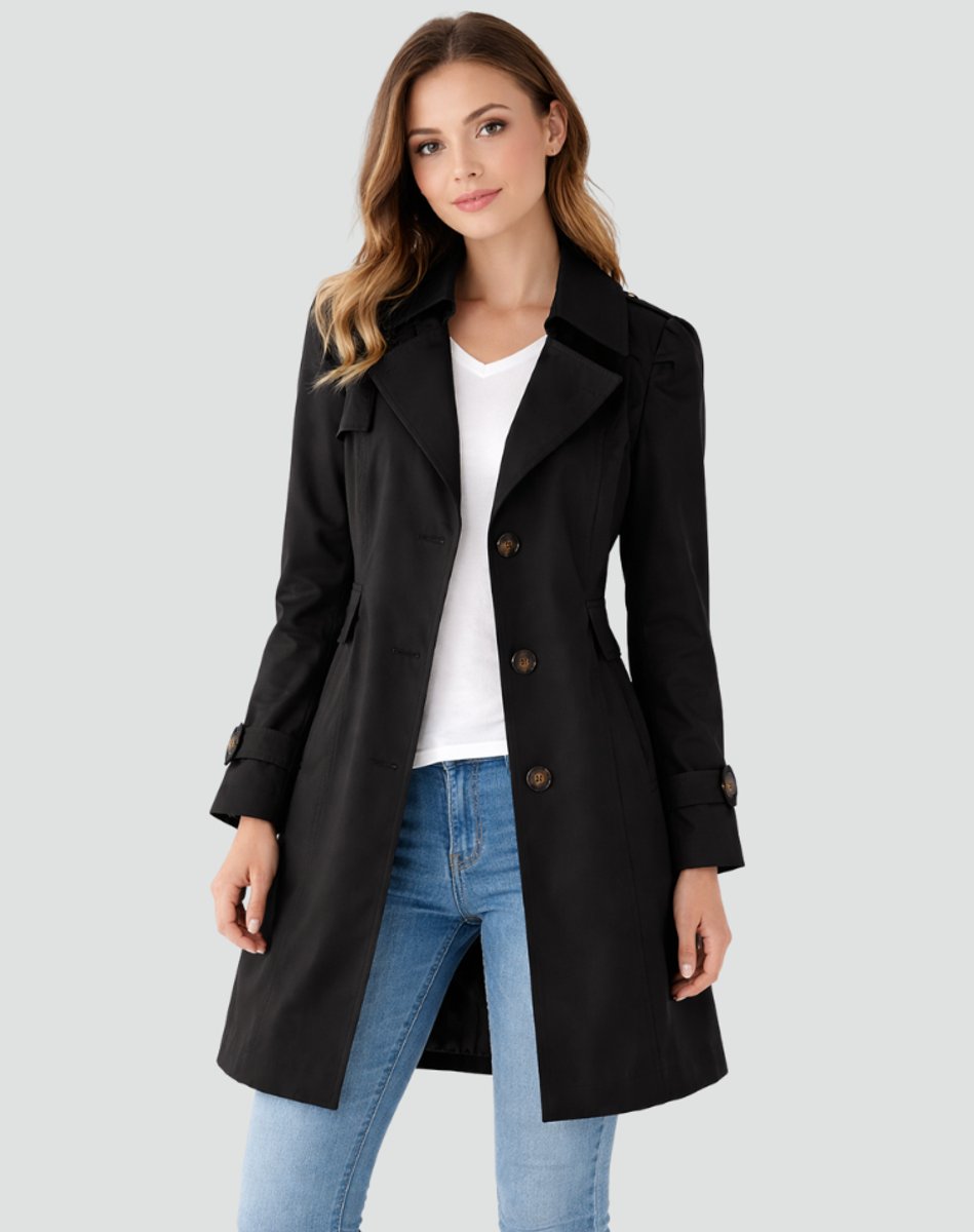Women's Classic Double-Breasted Mid-Length Trench Coat - Black