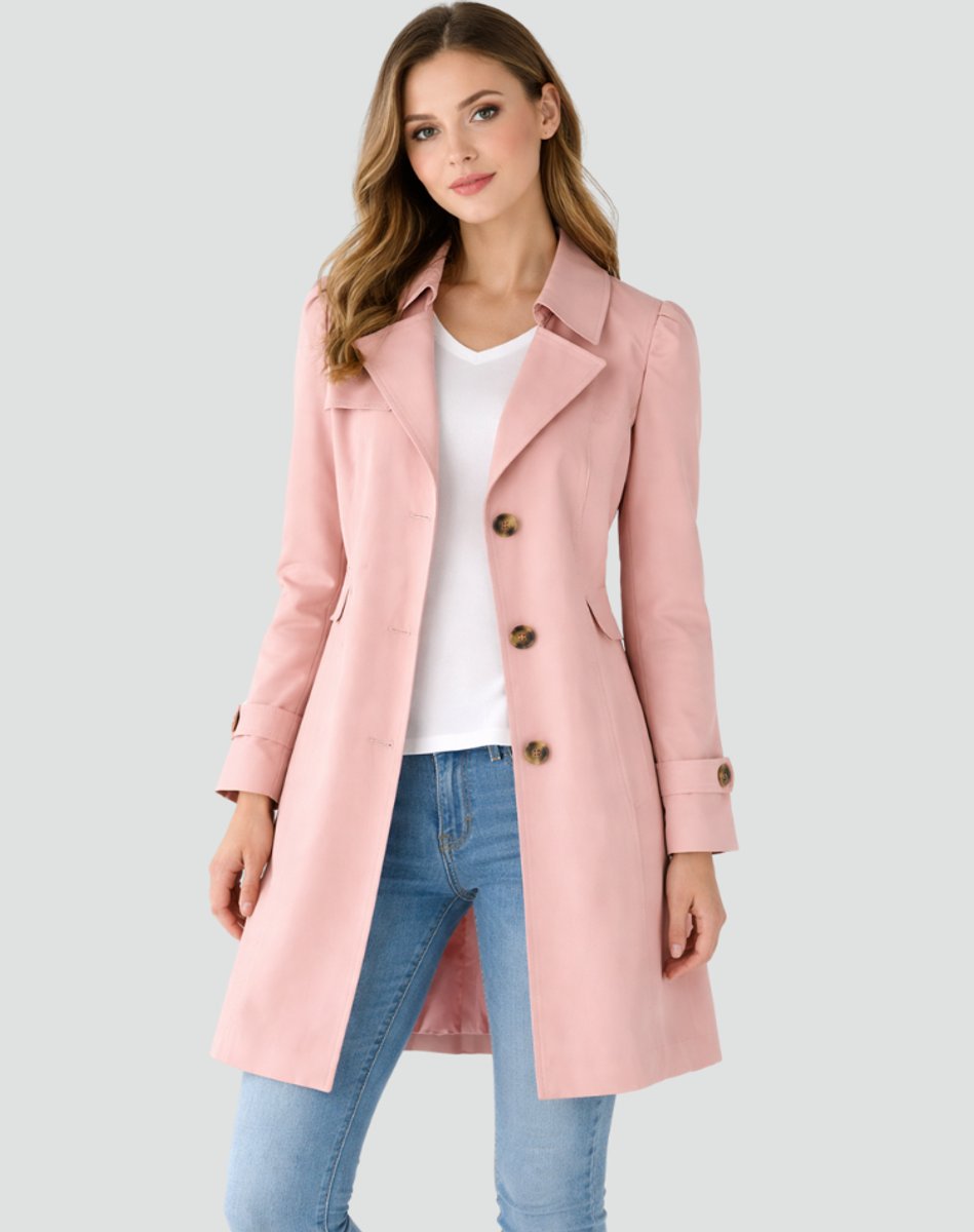 Women's Classic Double-Breasted Mid-Length Trench Coat - Pink