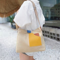 Women's Color Block Canvas Tote Bag PU Leather Pocket Shoulder Bag - Beige