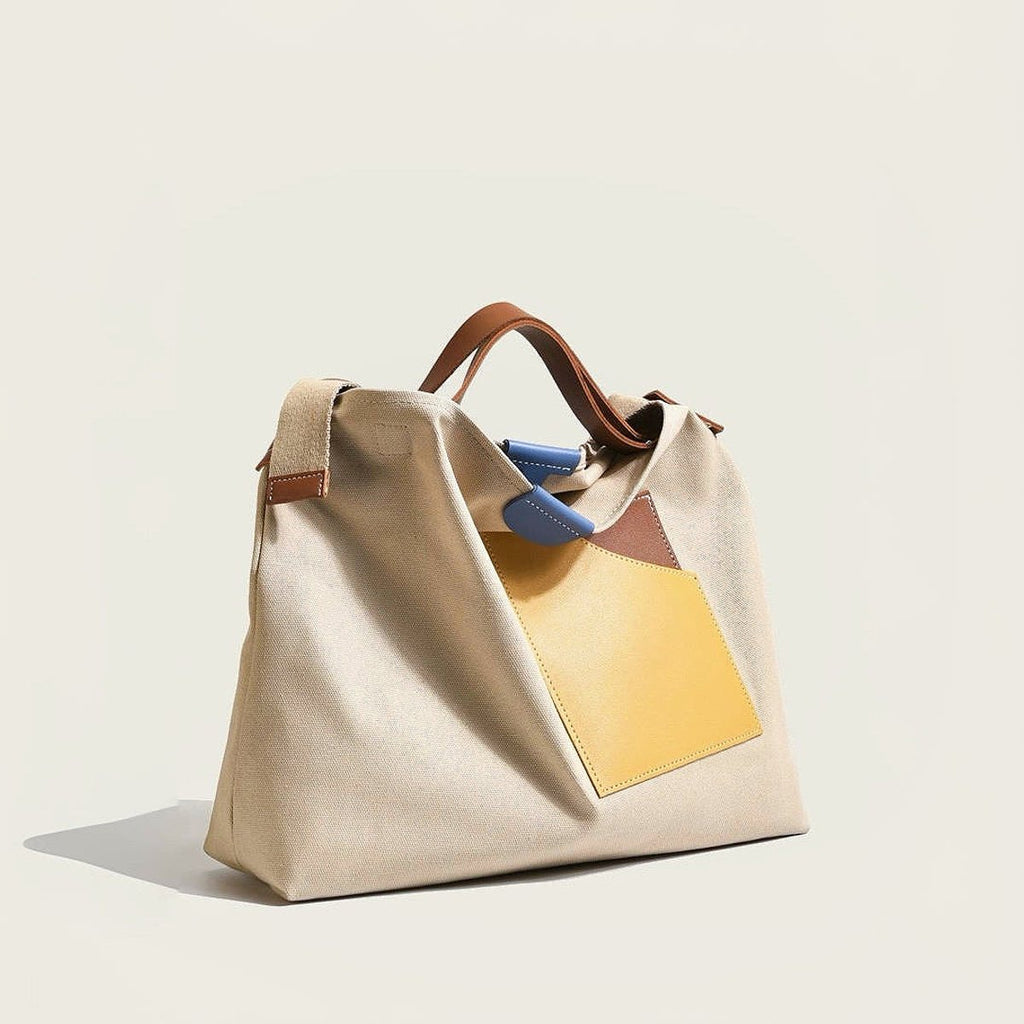 Women's Color Block Canvas Tote Bag PU Leather Pocket Shoulder Bag