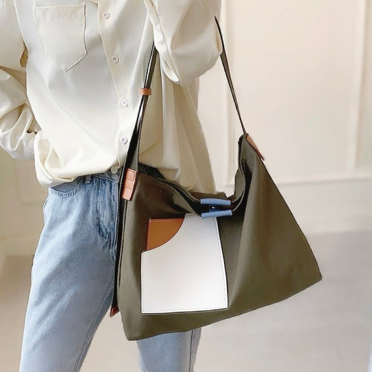 Women's Color Block Canvas Tote Bag PU Leather Pocket Shoulder Bag - Green