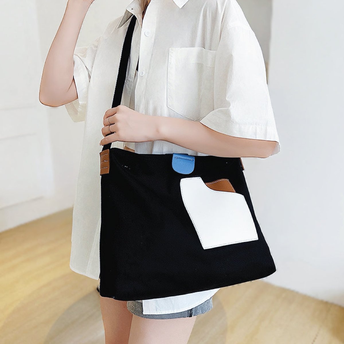 Women's Color Block Canvas Tote Bag PU Leather Pocket Shoulder Bag - Black