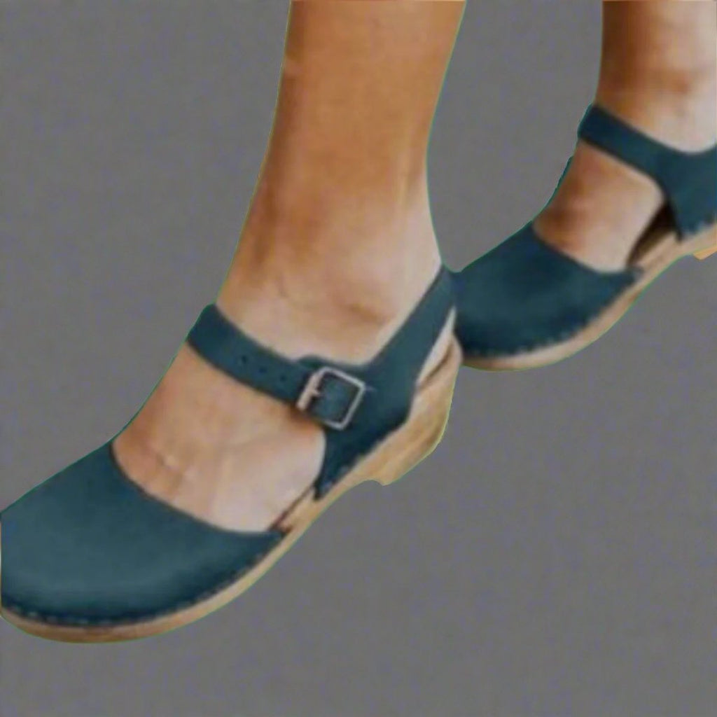 Women's Comfortable Sandals Leather Ankle-Strap Wooden Platform Clogs - Blue